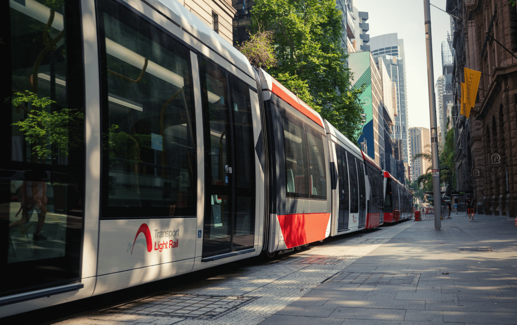 Sydney light rail passing through Sydney CBD