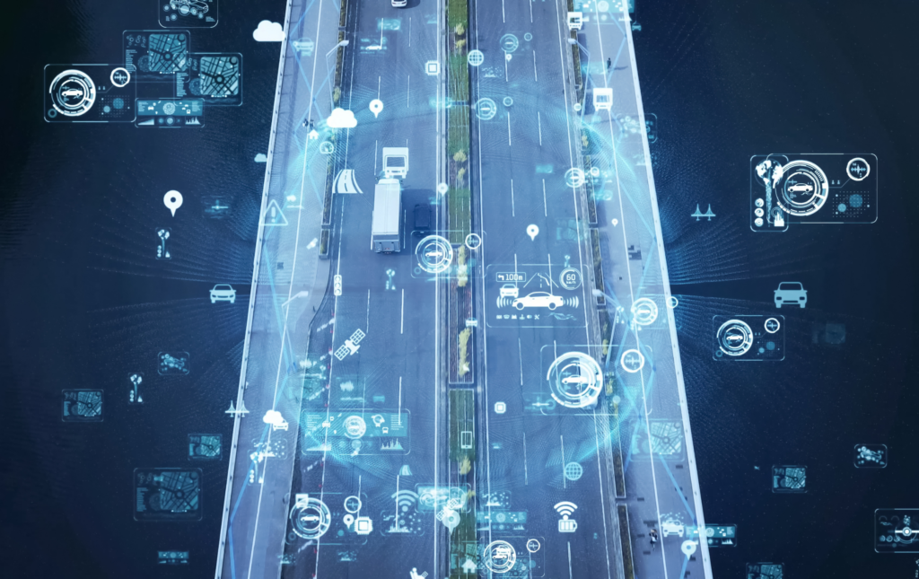 A depiction of Mobility as a Service. A photo of a road with vehicles, overlayed with relevant MaaS icons.