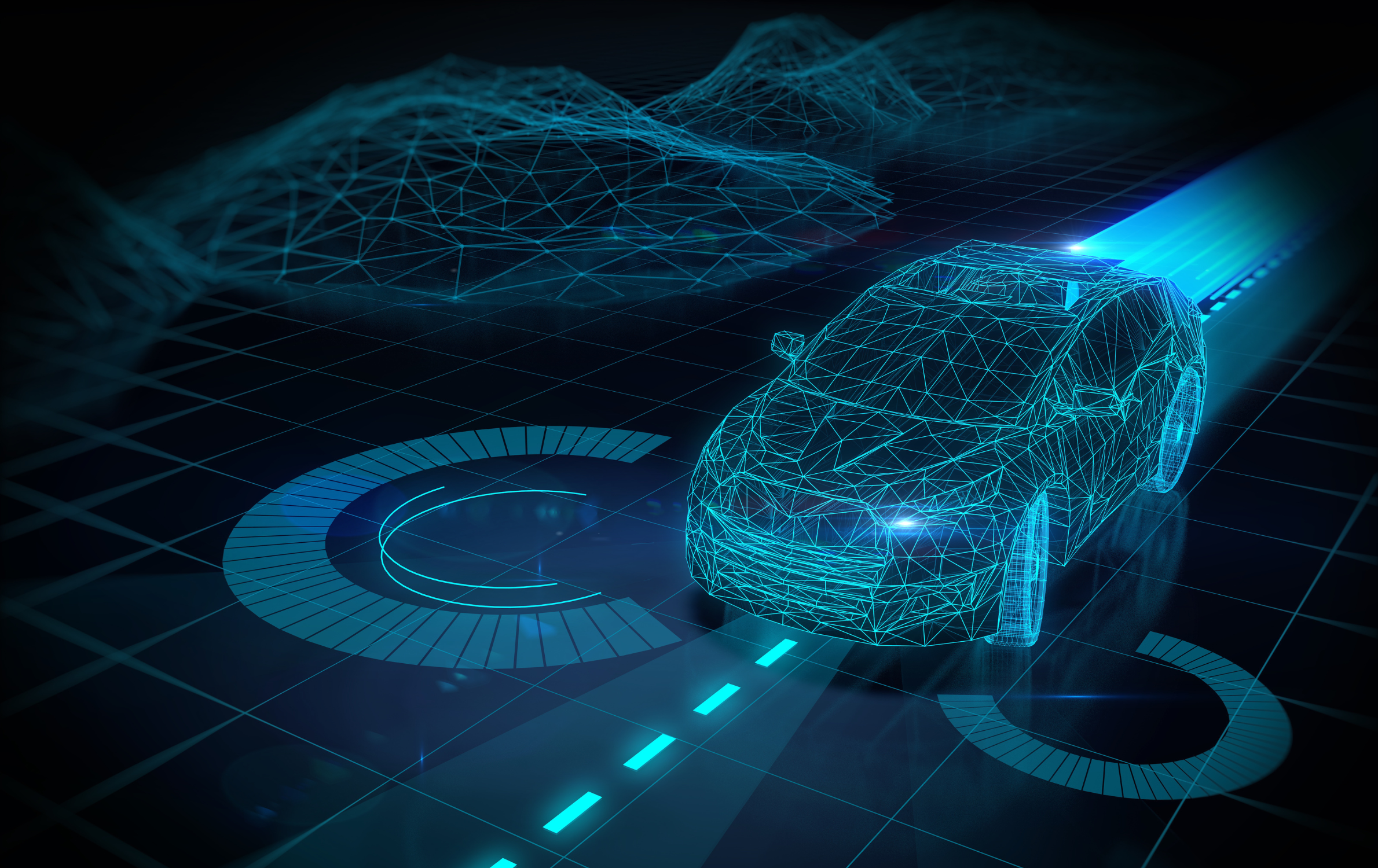 A blue line technology image of a car driving down a road. There are depictions on either side of hills and sensors.