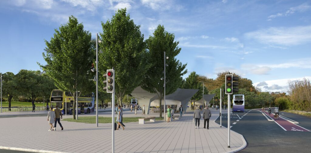A render image of pedestrians walking near a road crossing and buses in Dublin.