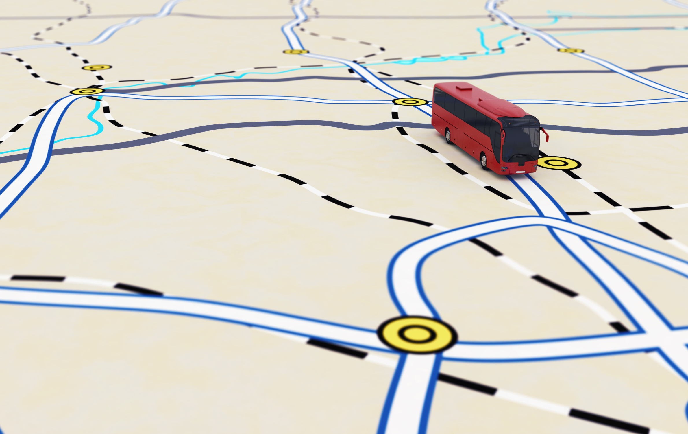 A basic 2D map showing roads and the surrounding area. There is a 3D red bus driving along one of the roads.